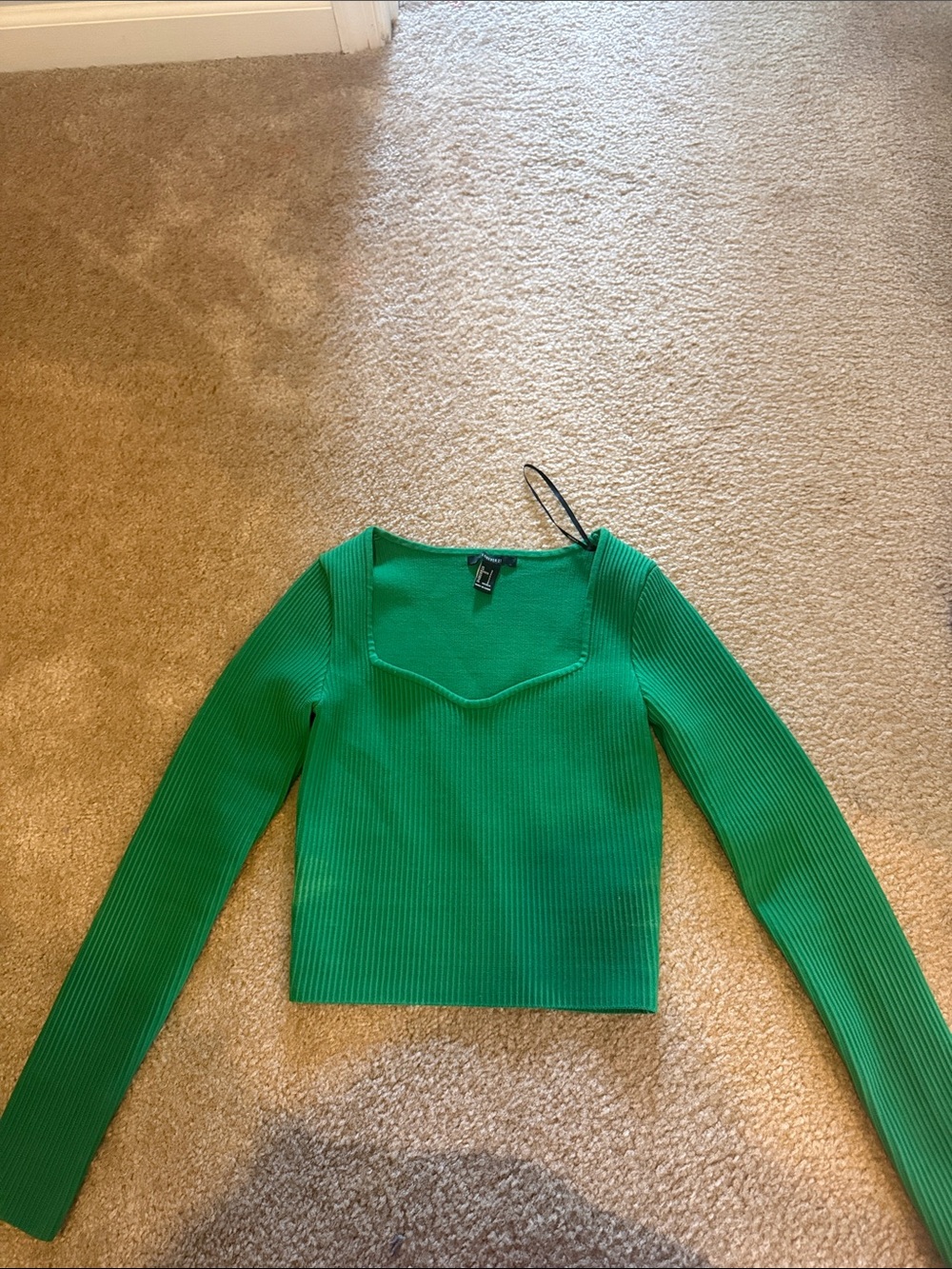 Forever 21 Green Ribbed Long Sleeve Square-ish Neck Top.